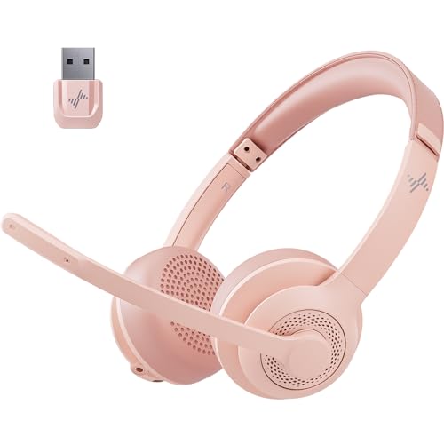 Wireless Headset with AI Noise Cancelling Microphone Bluetooth Headset - Bluetooth V5.2 Headphones with USB Dongle & Mic Mute for Computer/Laptop/PC/iPhone/Android/Cell Phones/Zoom/Ms Teams/Skype-PINK - Pink