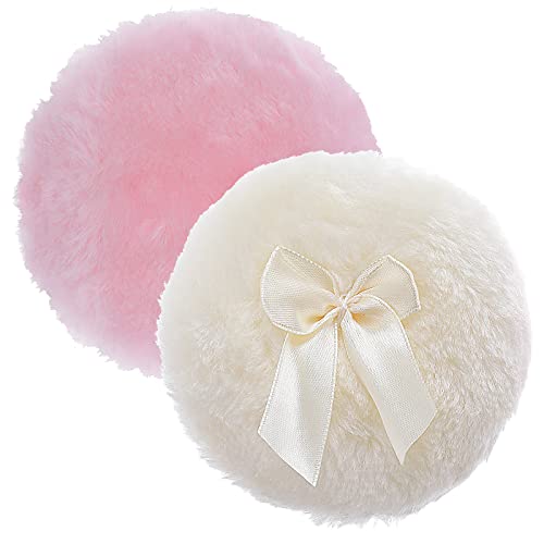 Sibba Large Fluffy Powder Puff, 4 Inch Ultra Soft Washable Reusable Velour Face Body Powder Puff Loose Powder Puffs Wet Dry Makeup Tool (Pink&Yellow) - Pink&Yellow