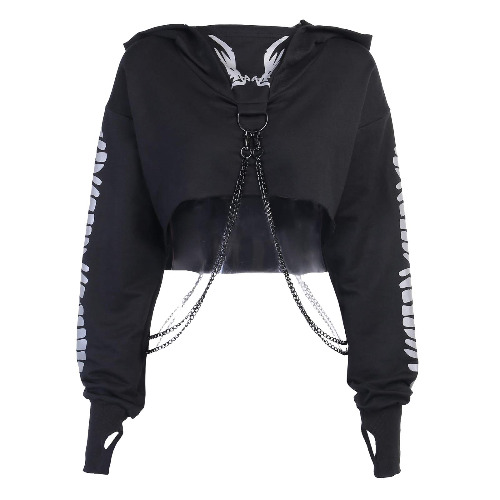 segolike Gothic Reflective Print Hoodies Crop Top Pullover Sweatshirt W/Detachable Chain - as described, L