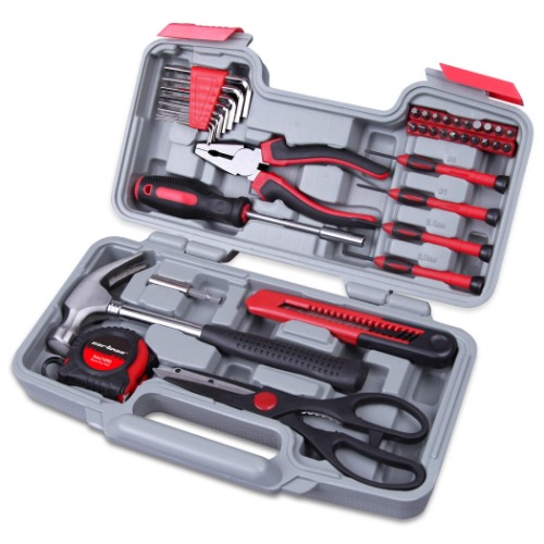 39-Piece Cutting Plier Tool Set - General Household Hand Tool Kit with Plastic Toolbox Storage Case - Red