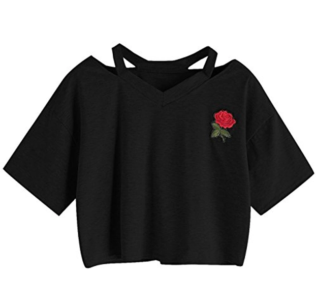 SweatyRocks Women's Embroidered Crop Top Short Sleeve T Shirt