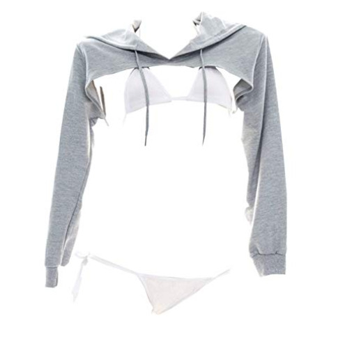 Women Hooded Crop Top Anime Lolita Cosplay Lingerie Bra and Thong Set - Gray- Long Sleeve
