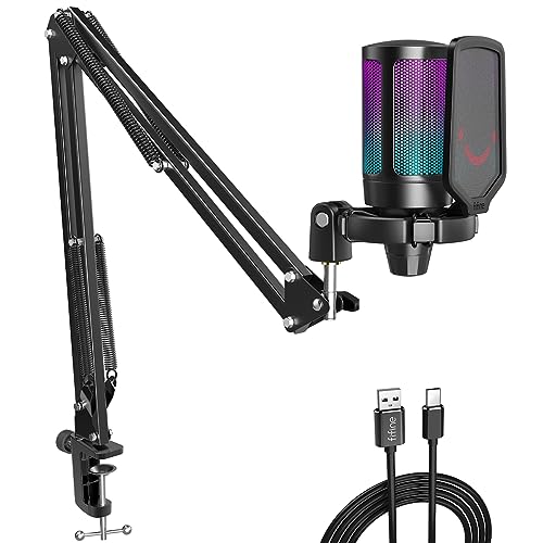 Fifine Gaming Microphone for PC Computer, USB Streaming Condenser Mic Kit with RGB, Quick Mute, Gain Knob, Boom Arm Stand, Pop Filter for Podcasts YouTube Discord-A6T - Black