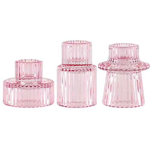 SPETYORT Clear Glass Candle Holders for Pillar Candles - Tabletop Decorative Candlestick Holders Set of 3 Fashion Taper Candle Stand for Dinner Wedding Party (Pink, 3PCS) - Pink - 3PCS