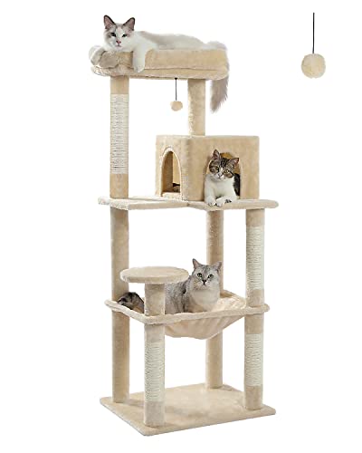 PAWZ Road Cat Tree Big Cat Tower, Activity Center stable and sturdy, Cat Tree with hammock and lovely Cat House size L Beige - Beige 143cm - L