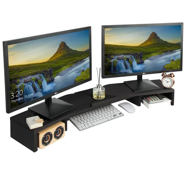 J JACKCUBE DESIGN Black Wood Dual Monitor Stand with Adjustable Angle Riser 2 Monitors Office Desk Organizer Computer Tabletop Screen Shelf for PC TV Laptop - MK547C