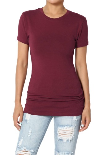 TheMogan Women's Basic Round Crew Neck Short Sleeve T-Shirts Stretch Cotton Spandex Tee - X-Large Dark Burgundy