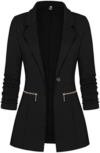 Genhoo Women's Long Sleeve Blazer Open Front Cardigan Jacket Work Office Blazer with Zipper Pockets S-3XL - X-Large #1 Black