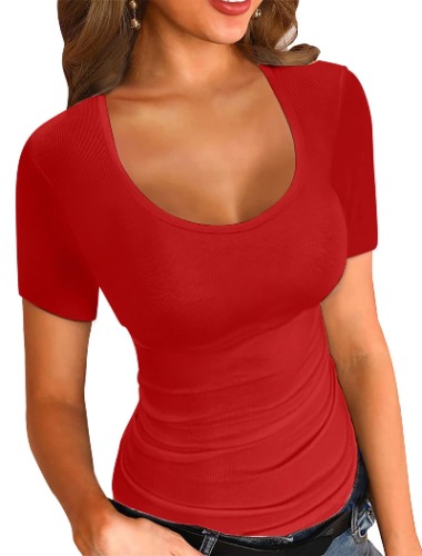VICHYIE Summer Women's Scoop Neck Short Sleeve Shirts Ribbed Slim Fitted Casual Basic Top Blouses - X-Large Red