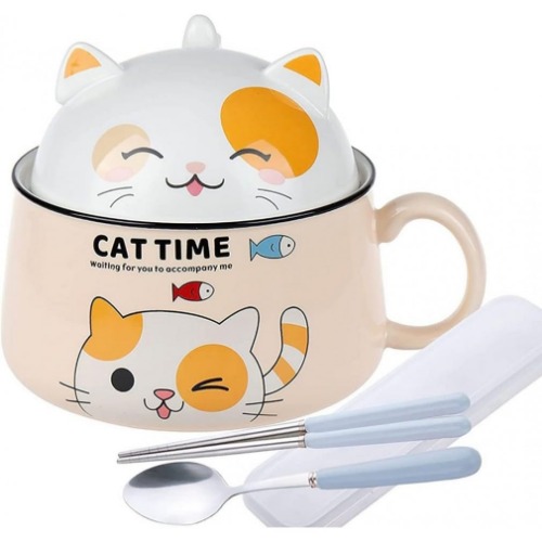 lachineuse - Japanse Ramen kom met deksel - Kawaii kattenkom - instant noedels en ontbijtschaal - met bestek - cadeau-idee Anime Japan - Chinese kom voor kinderen en volwassenen - kleur geel - Geel
