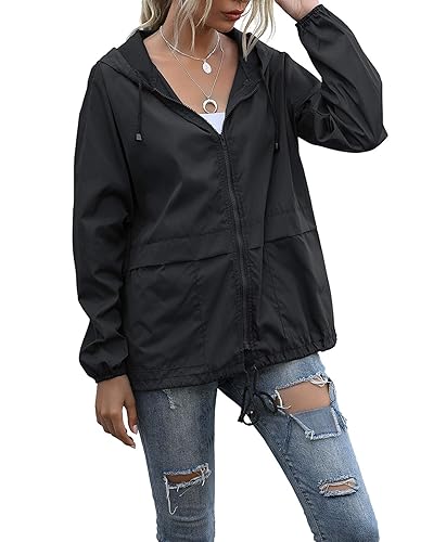 PESION Women's Waterproof Raincoat Lightweight Rain Jacket Hooded Windbreaker with Pocket for Outdoor - X-Large - Black