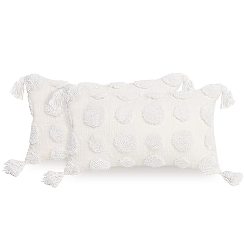 PLWORLD Set of 2 Boho White Lumbar Throw Pillow Covers 12x20 Inch with Tassels, Pom Pom Tufted Cream Chenille Fabric Small Accent Textured Cushion Cases for Bed Couch, Covers Only No Insert - Cream White - 20" x 12" (Pack of 2)