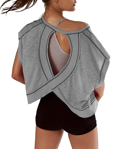Kumufenc Women Short Sleeve Workout Shirts Open Back Tops Casual Yoga Y2k Athletic Gym Slouchy Crop Running Tees - Large - Grey