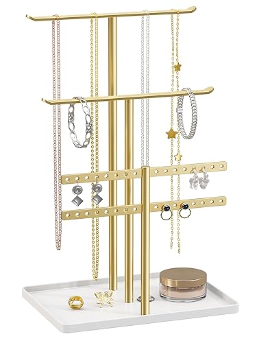 Jewelry Holder Organizer, 12.5'' Tall Sturdy Metal Stand, 3-Tier Jewelry Hanger for Necklace, Earring, Bracelet, Ring, for Display and Storage, Aesthetic Room Decor, Gold Jewlery Tree with White Tray - Gold - 12.5" Height