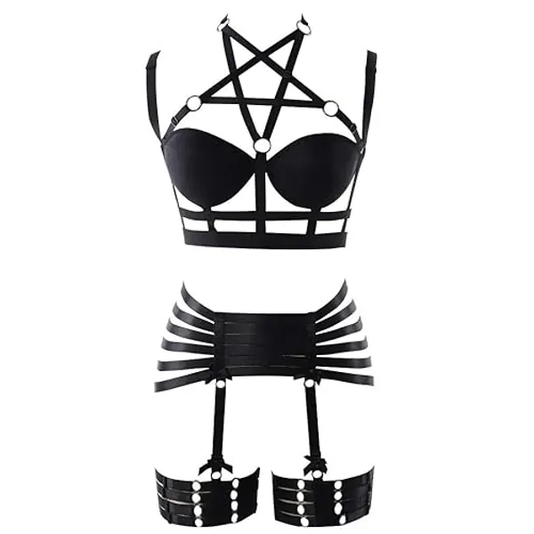 Womens Strappy Full Cage Body Harness Lingerie Garter Belt Set Elastic Hollow Tops Bralette Punk Gothic Festival Rave Wear - Black O0208 +P0126