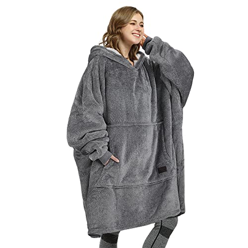 Catalonia Oversized Blanket Hoodie Sweatshirt, Wearable Sherpa Lounging Pullover for Adults Women Men - One Size - Ash Charcoal