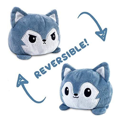 TeeTurtle | The Original Reversible Wolf Plushie | Patented Design | Gray | Happy + Angry | Show Your Mood Without Saying a Word! - Gray Happy + Angry Wolf