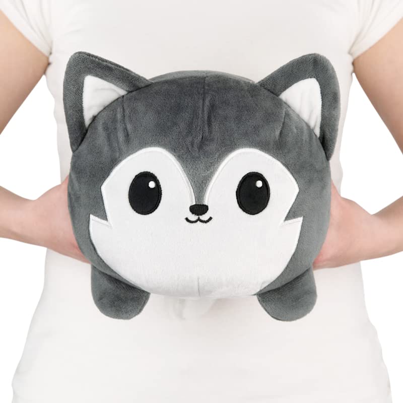 TeeTurtle | The Original Reversible Big Wolf Plushie | Patented Design | Gray | Happy + Angry | Show Your Mood Without Saying a Word! - Happy + Angry (Gray)