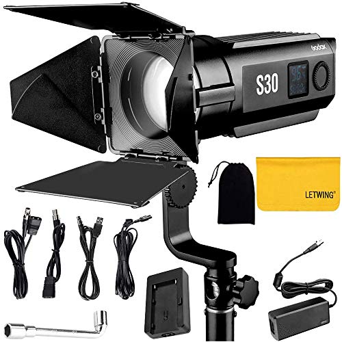 Godox S30 Focusing LED Light with Barn Door for Professional Photography for Film and Video Production/Still Life Shooting/Wedding Shooting,CRI96+ TLCI96+ Accurate Color Rendition