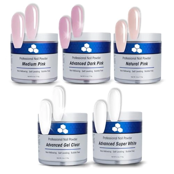 DeEnti Acrylic Nail Powder Set of 5 Powders, 4oz Each - Medium Pink, Dark Pink, Natural Pink, Bright White, Crystal Clear