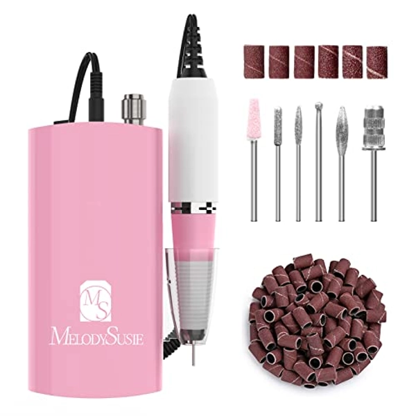 MelodySusie Professional Nail Drill, 30000 rpm Rechargeable Portable Nail Drills with 6 Bits and 106 Sanding Bands, Cordless Electric Nail File Machine for Acrylic Gel Nails Shape Carve Polish (Pink)