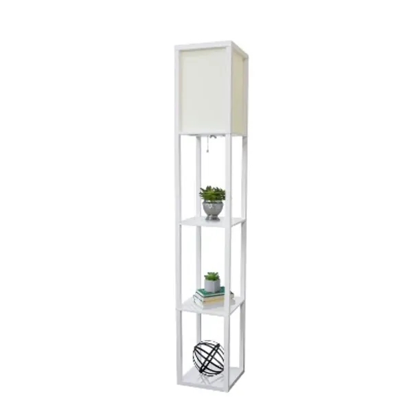 Simple Designs All The Rages LF1014-WHT Floor Lamp Etagere Organizer Storage Shelf with Linen Shade, White