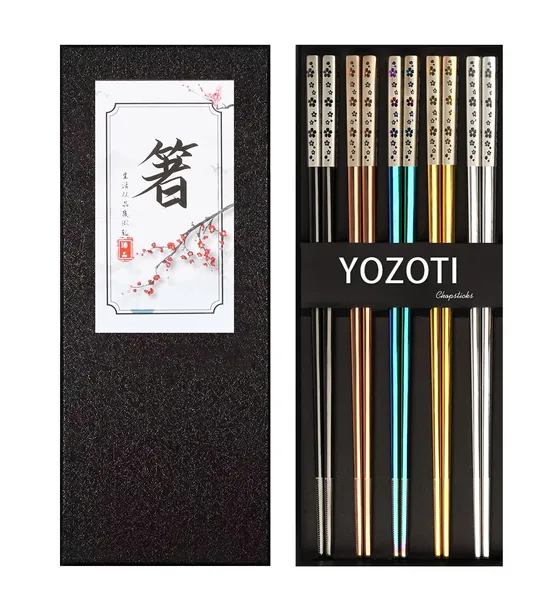 YOZOTI Stainless Steel Chopsticks, Reusable Chopsticks, 5 Pairs Dishwasher Safe Metal Chopsticks, Easy to Use, Square Lightweight Chop Sticks, Gift Set (Multicolor)