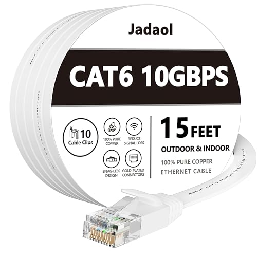 Cat 6 Ethernet Cable 15 ft Flat Solid Cat6 High Speed Computer Wire with Clips for Router, Modem, PS4/5, Xbox, Gaming, Outdoor&Indoor 10Gbps Support Cat7 Network RJ45 LAN Patch Cords, White - 15ft - Flat - White