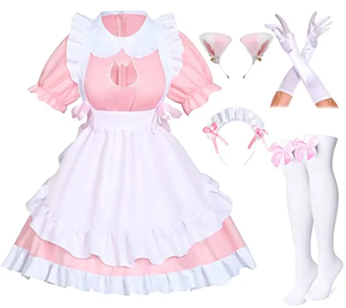 Wannsee Anime French Cat Maid Apron Fancy Dress Cosplay Costume Headwear Gloves Socks set(Pink S)