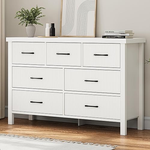 Jocoevol White Dresser 7 Drawer Dresser for Bedroom, Modern Fluted Dresser with Solid Wood Legs, Long Double Wooden Dresser Large Chest of Drawers for Living Room, Entryway, Hallway (White Fluted) - White Fluted - 15.4"D x 51.2"W x 32.5"H (7 Drawers)
