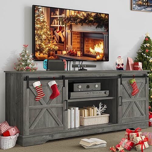 YITAHOME Farmhouse TV Stand for 65/60/55 Inch, Modern Entertainment Center with Sliding Barn Door, Wood TV Media Console Storage TV Cabinet for Living Room for 300lbs, Rustic Grey - Grey