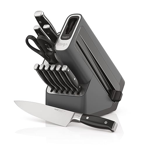 Ninja K32012 Foodi NeverDull Premium Knife System, 12 Piece Knife Block Set with Built-in Sharpener, German Stainless Steel Knives, Black - 12pc Set - Black