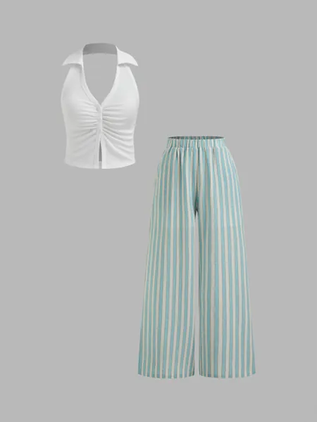 100% Cotton Halter Solid Ruched Button Crop Top With Mid Rise Striped Wide Leg Trousers 
