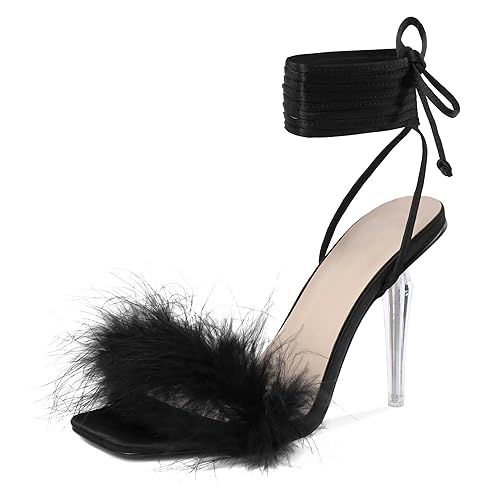 YODEKS Women's High Heel Sandals Strappy Stiletto High Heel Open Square Toe Shoes - 9.5 - Satin Black Lace-up