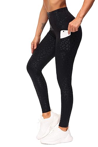 THE GYM PEOPLE Thick High Waist Yoga Pants with Pockets, Tummy Control Workout Running Yoga Leggings for Women - Silver/Black - Small