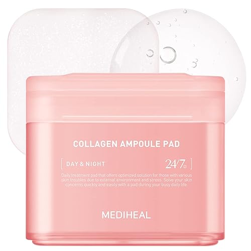 MEDIHEAL Collagen Ampoule Pad – Square Cotton Facial Toner Pads Collagen & Ceramide - Skin Firming & Restore Elasticity - Tighten Wrinkles & Lines - Vegan Eco Silk Pads, 100 Pads - Collagen Pad