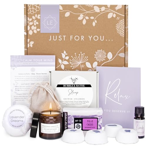 SLEEP & RELAX Pamper Hampers for Women - Handmade, Sustainable Relaxation Gifts for Women: Candle, Soap, Essential Oil, Bath Bomb, Shower Steamers and Lavender by Luxe England