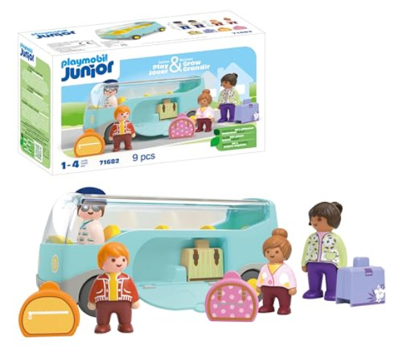 Playmobil 71682 Junior : Autocar de Voyage - Comprenant des pièces de Bagages et Quatre Figurines - Jouet fabriqué à partir de matière d'origine végétale - Dès 12 Mois