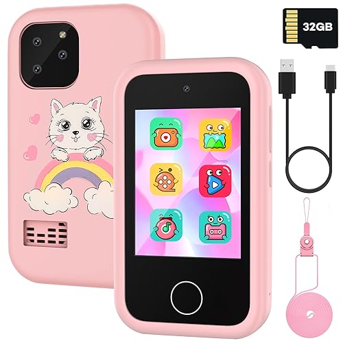 Téléphone pour Enfants,Smartphone Enfants Motif Dessins Animés Ecran Tactile avec Lecteur Musique Jeu Puzzle Double Caméra pour Enfants,Cadeau D’anniversaire3 4 5 6 7 8 9 10 Ans pour Les Enfants - Rose