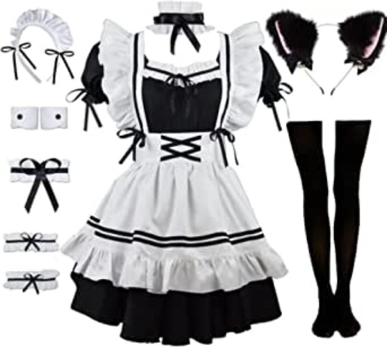 Rickem Ladies Anime Cosplay French Black white bow Apron Dress Halloween Makeup Costume 8PCS Set - 4X-Large Black