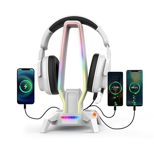 Jimonyer RGB Headphone Stand with 3 USB 3.0, 8 Light Modes Holder for Gaming Headsets, Controller Stand with Type-C Port, 3.5mm Jack Port, Earphone Hanger Accessories for Desktop Gamer(White) - White