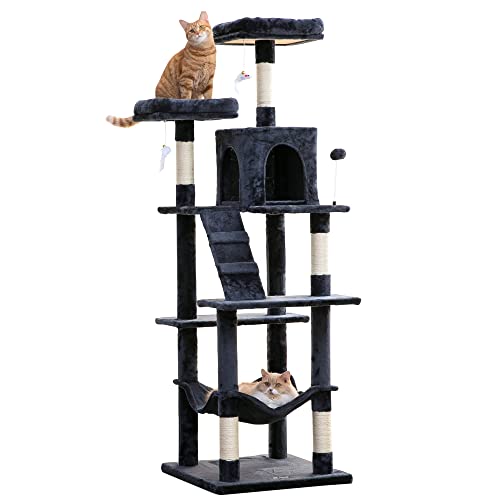 MWPO 70.1-Inch Large Cat Tree, Multi-Level Tall Cat Tower for Indoor Cats, Plush Cat Condo with Big Padded Perches, Sisal-Covered Scratching Posts, Hammock, Toys for Kittens & Cats - Smoky Grey - 70.1 in - Smoky Gray