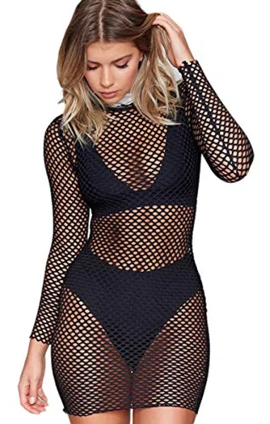 Just Quella Women's Mesh Lingerie for Women Fishnet Babydoll Mini Dress Long Sleeve Chemise Dress (XXS-3XL)