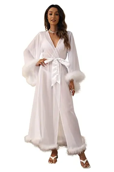 Kelaixiang Women Sexy Feathers Collar Perspective Sheer Long Lingerie Robe Nightgown Bathrobe Pajamas Sleepwear