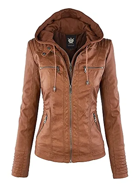 Lock and Love Women's Removable Hooded Faux Leather Jacket Moto Biker Coat