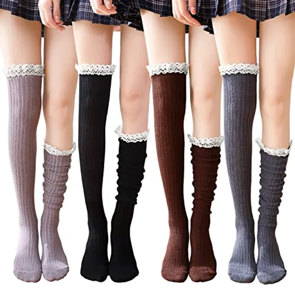 4 Pack Women Cotton Knit Boot Socks Knee High Socks Stockings with Lace Trim, Free size, Beige Black Coffee Green