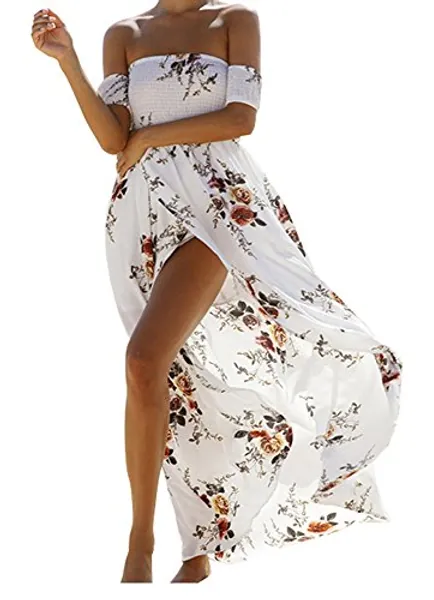 SVALIY Women Floral Off The Shoulder Split Chiffon Maxi Beach Dresses Wedding Party