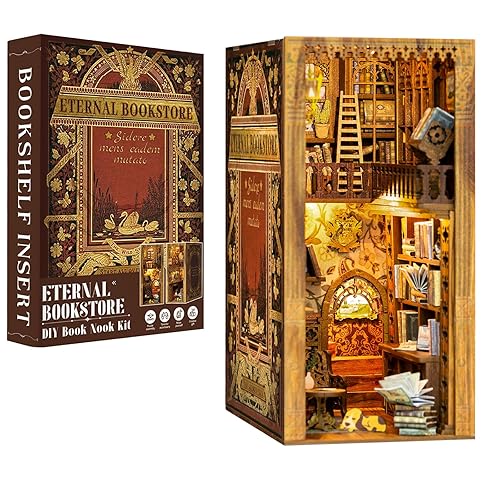 CUTEBEE Book Nook Kit,DIY Miniature Dollhouse Booknook Kit with Dust Cove and Led Light,3D Wooden Library Model kits to Build,Bookends Bookshelf Decor Gift for Adults(Eternal Bookstore) - C Eternal Bookstore