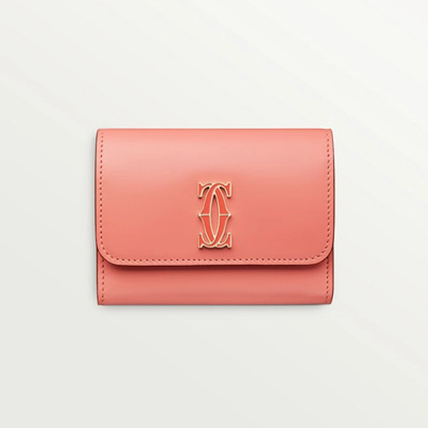 CRL3001991 - C de Cartier Small Leather Goods, Wallet - Two-tone coral/light coral calfskin, golden finish and coral enamel - Cartier