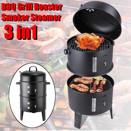 3 in 1 Multi Layer Outdoor BBQ Grill Roaster - Black